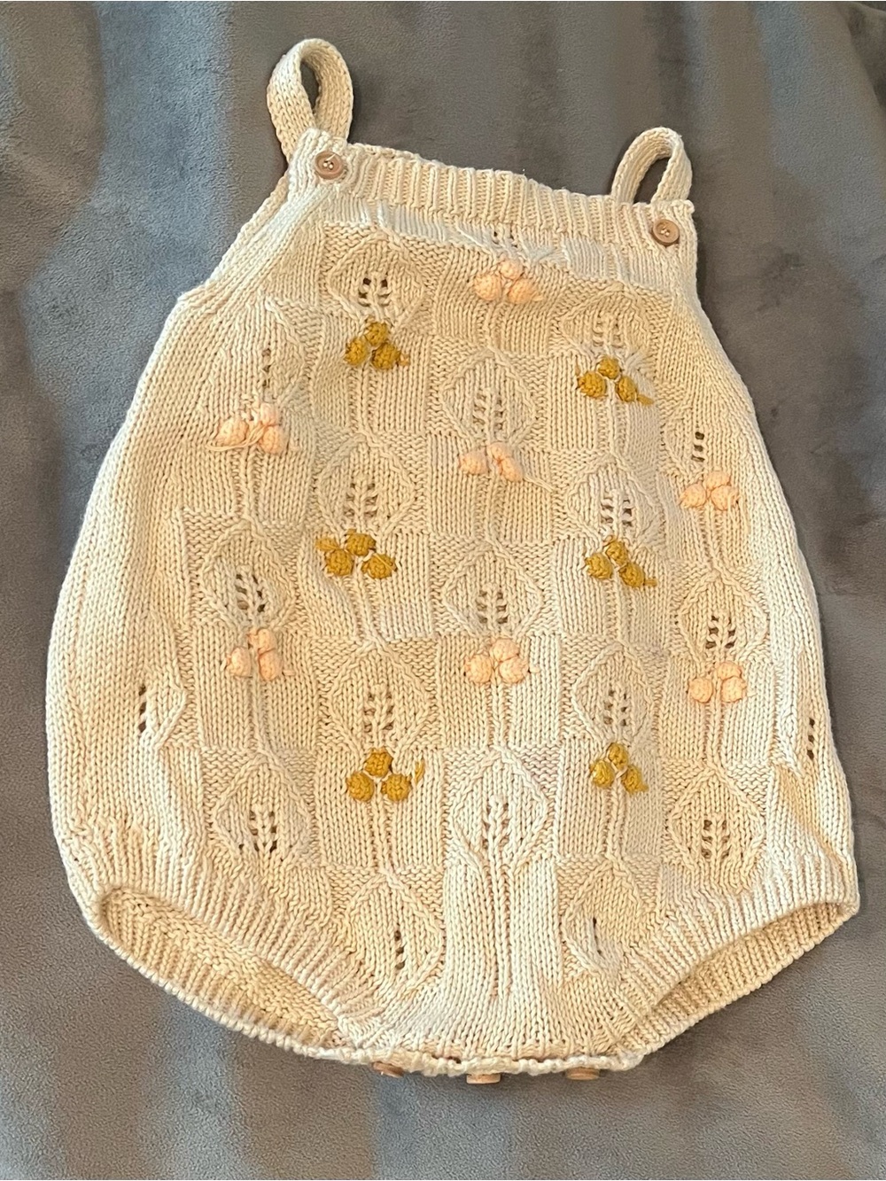 Cream Knit Baby Romper with Pink and Yellow Embroidery
